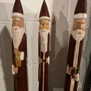 Vintage Set of 3 Holly Tree Brand Carved Wood Pencil Christmas Xmas Figurines